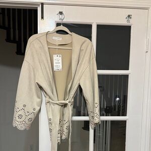 NWT Size Large Zara Faux Suede Cream Belted Blazer with Cutout Details